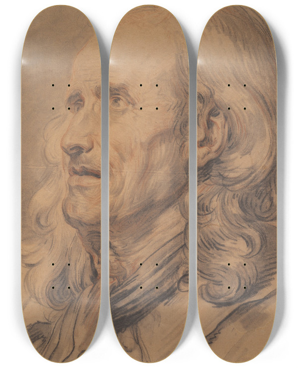 Triptych art skateboard deck of Jeanbaptiste Greuze Head Of An Old Man Study For A Marriagecontract by Jean-Baptiste Greuze (1725-1805)