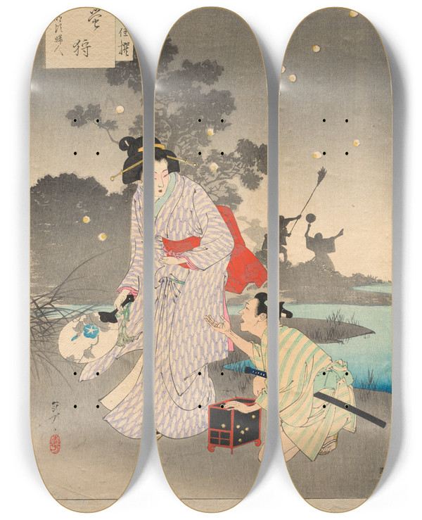 Triptych art skateboard deck of Toshikata Mizuno Chasing Fireflies A Lady Of The Tenmei Era 17811789 From The Series Thirtysix Elegant Selections by Toshikata Mizuno (1866-1908)