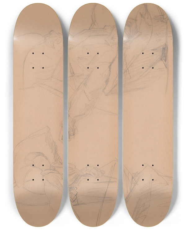 Triptych art skateboard deck of Jzef Simmler Two Sketches Of Barbara Lying In Bed For The Painting Death Of Barbara Radziwi by Jozef Simmler (1823-1868)