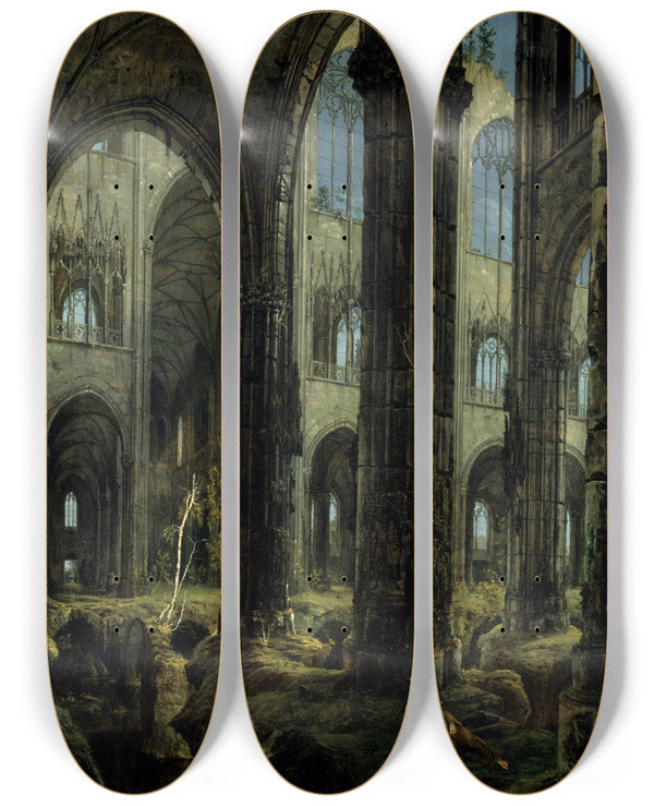 Triptych art skateboard deck of Carl Blechen Gothic Church Ruins by Carl Blechen (1798-1840)