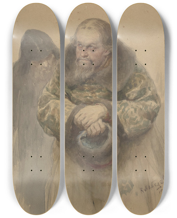 Triptych art skateboard deck of Klavdy Vasilyevich Lebedev Two Russian Men by Klavdy Vasilyevich Lebedev (1852-1916)