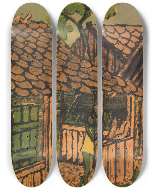 Triptych art skateboard deck of Otto Mueller Zwei Zigeunerkinder Vor Der Htte by Otto Mueller (1874-1930)