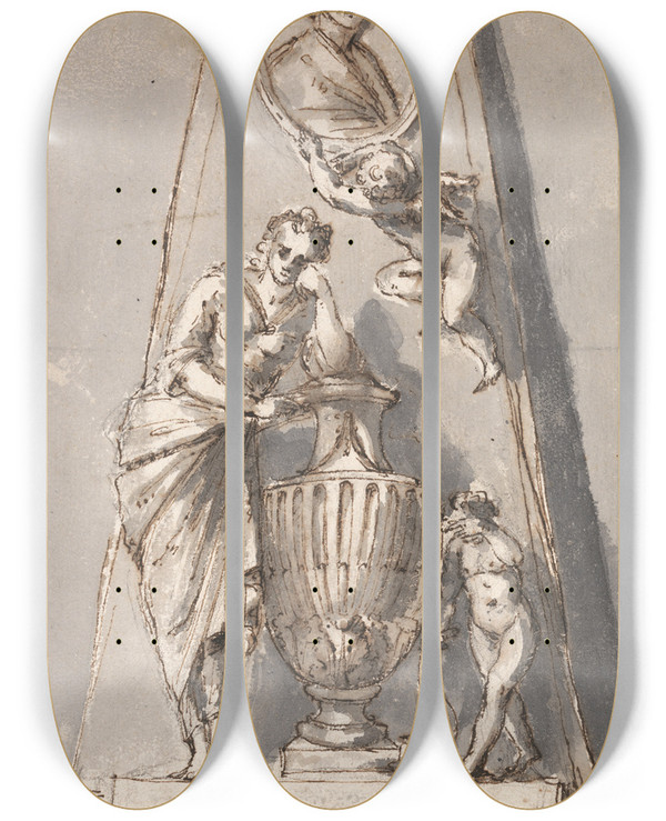Triptych art skateboard deck of Joseph Wilton Design For A Monument by Joseph Wilton (1722-1803)
