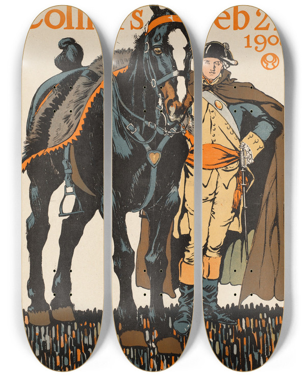 Triptych art skateboard deck of Edward Penfield Colliers Feb 22 1908 by Edward Penfield (1866-1925)