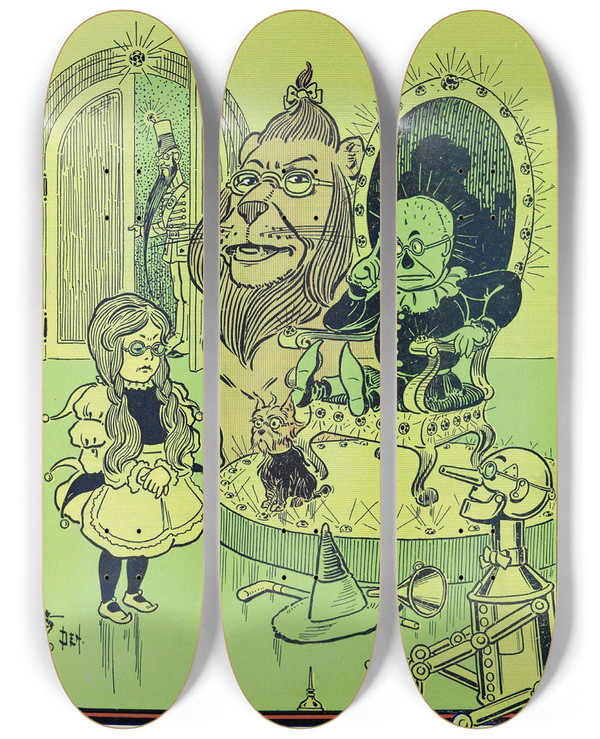 Triptych art skateboard deck of William Wallace Denslow The Scarecrow Sat On The Big Throne by William Wallace Denslow (1856-1915)