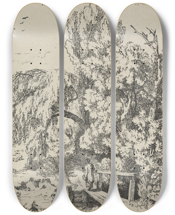 Triptych art skateboard deck of William Havell Landscape With Trees Girl Crossing A Footbridge by William Havell (1782-1857)