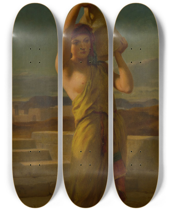 Triptych art skateboard deck of Frederick Goodall Rachel by Frederick Goodall (1822-1904)