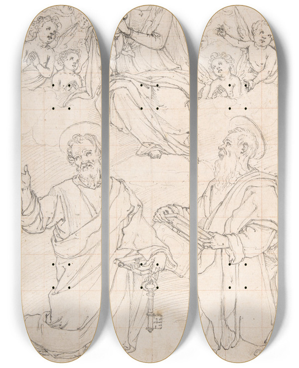 Triptych art skateboard deck of Jacopo Da Empoli Virgin And Child Appearing In A Glory Of Angels To Saint Peter And Saint Paul by Jacopo da Empoli (1551-1640)
