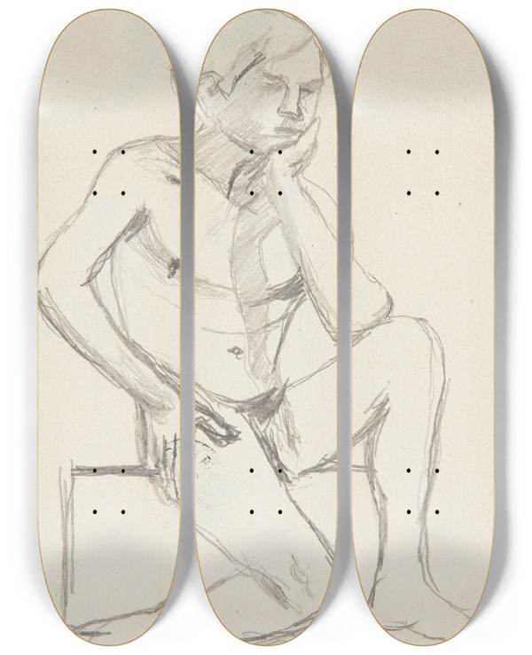 Triptych art skateboard deck of Adolf Sternschuss Akt Siedzcego Modego Mczyzny Podpierajcego Twarz Doni by Adolf Sternschuss (1873-1915)