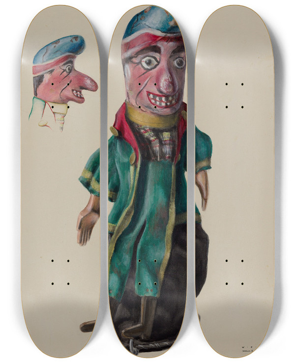Triptych art skateboard deck of William Kerby Hand Puppet Punch by William Kerby