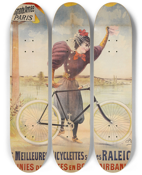 Triptych art skateboard deck of E Clouet Raleigh by E Clouet (19-)
