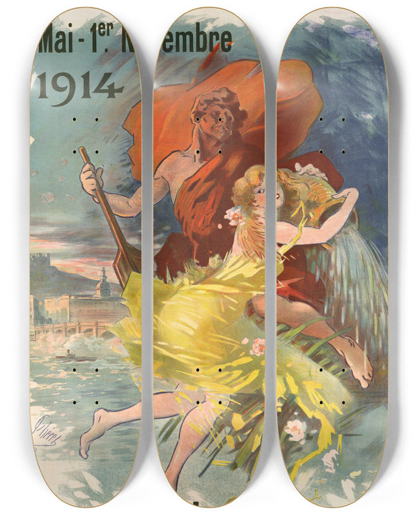 Triptych art skateboard deck of Jules Chret Exposition Internationale De Lyon by Jules Cheret (1836-1932)