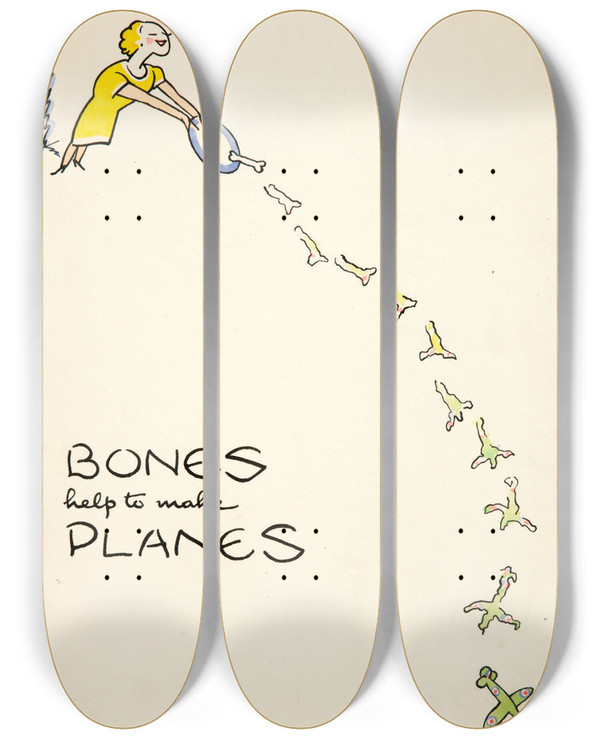 Triptych art skateboard deck of Cyril Kenneth Bird Fougasse  Bones Help To Make Planes by Cyril Kenneth Bird (Fougasse) (1887-1965)