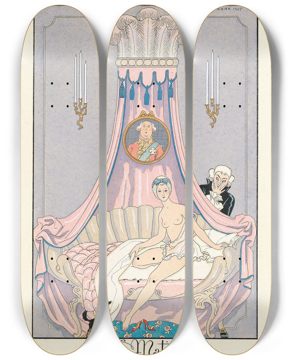 Triptych art skateboard deck of George Barbier Le Matin Morning by George Barbier (1882-1932)