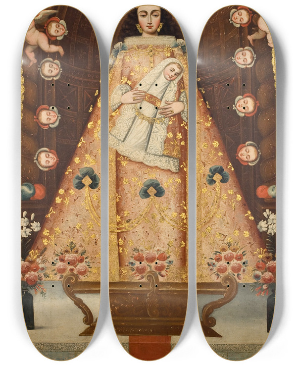 Triptych art skateboard deck of Cusco School Virgin Of Bethlehem by Cusco School
