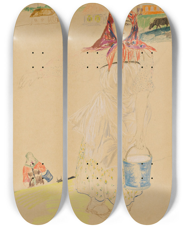 Triptych art skateboard deck of Filipp Malyavin The Milkmaid by Filipp Malyavin (1869-1940)