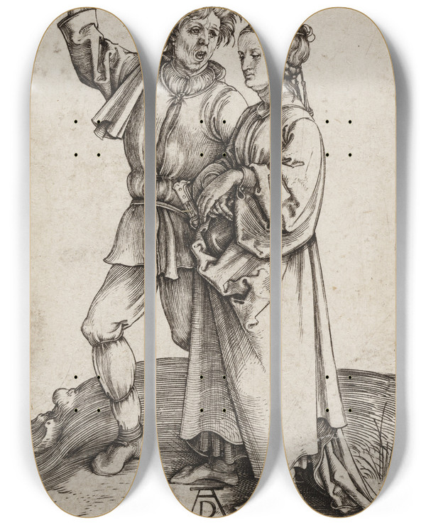 Triptych art skateboard deck of Albrecht Drer The Young Peasant And His Wife by Albrecht Durer (1471-1528)