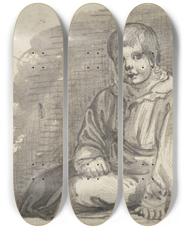 Triptych art skateboard deck of Jakob Frchtegott Dielmann A Sitting Boy by Jakob Furchtegott Dielmann (1809-1885)