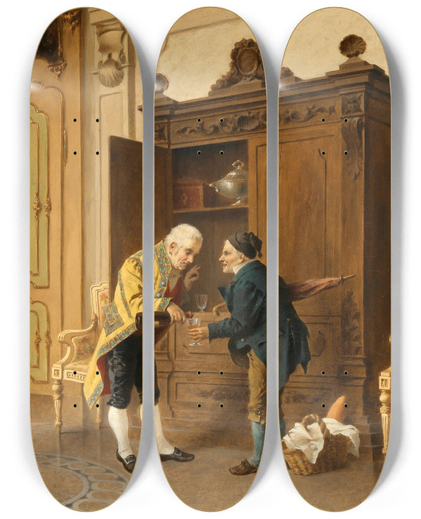 Triptych art skateboard deck of Luigi Crosio Cheers by Luigi Crosio (1835-1915)