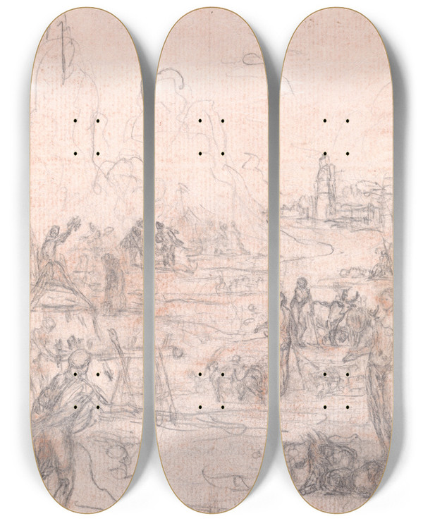 Triptych art skateboard deck of Hubertfranois Gravelot Design For A Frontispiece Allegorical Landscape by Hubert-Franois Gravelot (1699-1773)