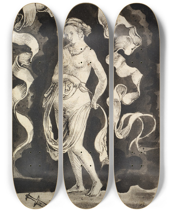 Triptych art skateboard deck of Niklaus Manuel Female Nude With A Headscarf by Niklaus Manuel (1484-1530)