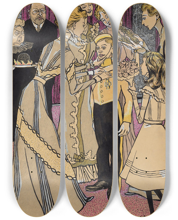 Triptych art skateboard deck of Thomas Theodor Heine Heldenverehrung by Thomas Theodor Heine (1867-1867)