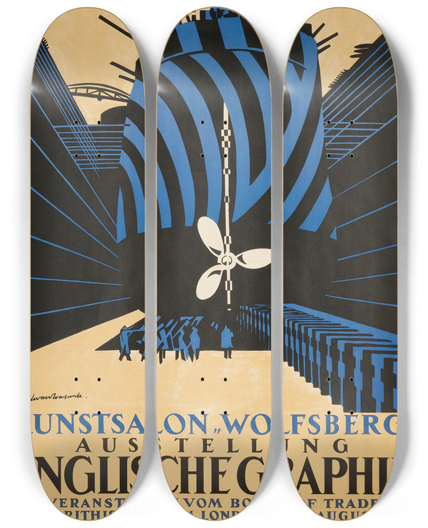 Triptych art skateboard deck of Edward Wadsworth Englische Graphik by Edward Wadsworth