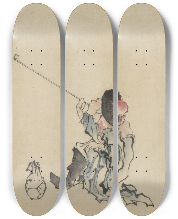 Triptych art skateboard deck of Katsushika Hokusai A Traveler Seated Wearing A Robe Boots And Roundedtop Conical Hat Smoking A Long Pipe by Katsushika Hokusai (1760-1849)