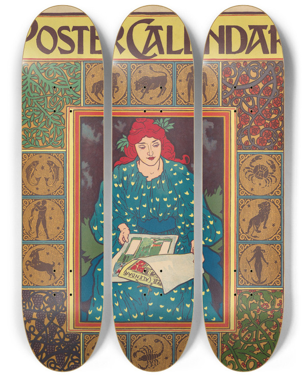 Triptych art skateboard deck of Louis Rhead Poster Calendar 1897 by Louis Rhead (1857-1926)