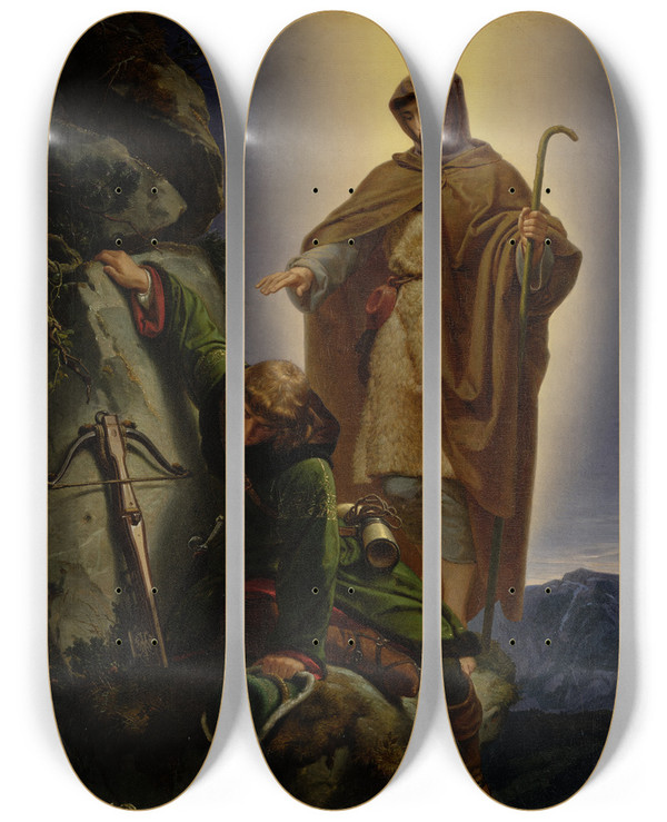 Triptych art skateboard deck of Alfred Rethel A Guardian Angel Rescuing Emperor Maximilian From The Martinswand by Alfred Rethel (1816-1859)