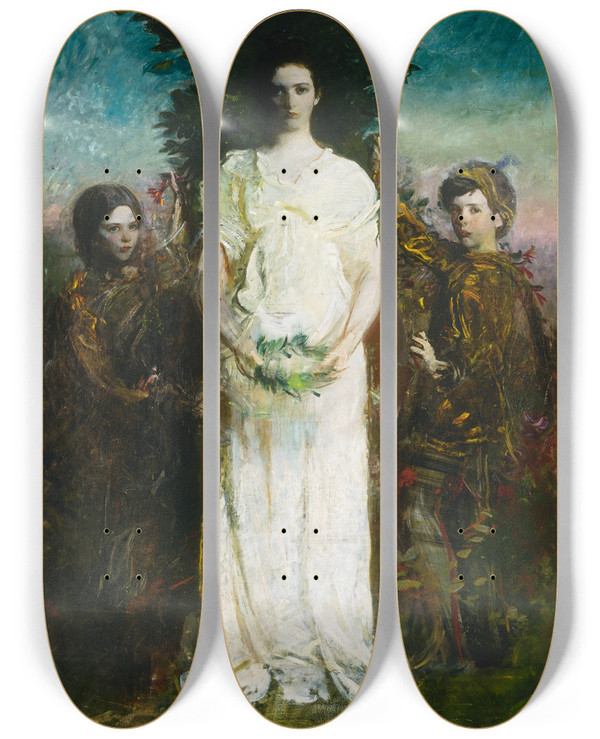 Triptych art skateboard deck of Abbott Handerson Thayer My Children Mary Gerald And Gladys Thayer by Abbott Handerson Thayer (1849-1921)