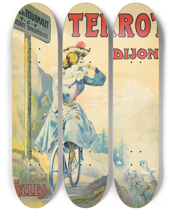 Triptych art skateboard deck of Nicolas Tamagno Cycles Motocycles by Nicolas Tamagno (1851-1933)