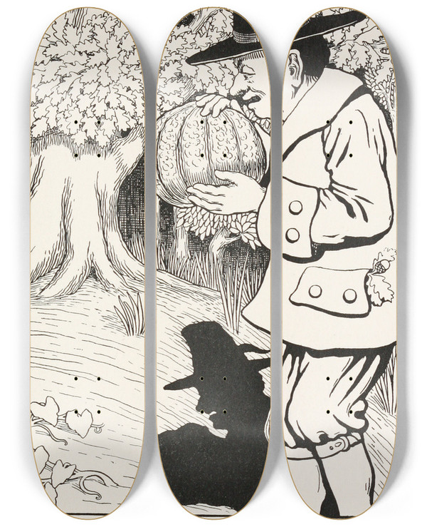 Triptych art skateboard deck of Percy J Billinghurst The Acorn And The Pumpkin by Percy J Billinghurst (1871-1933)