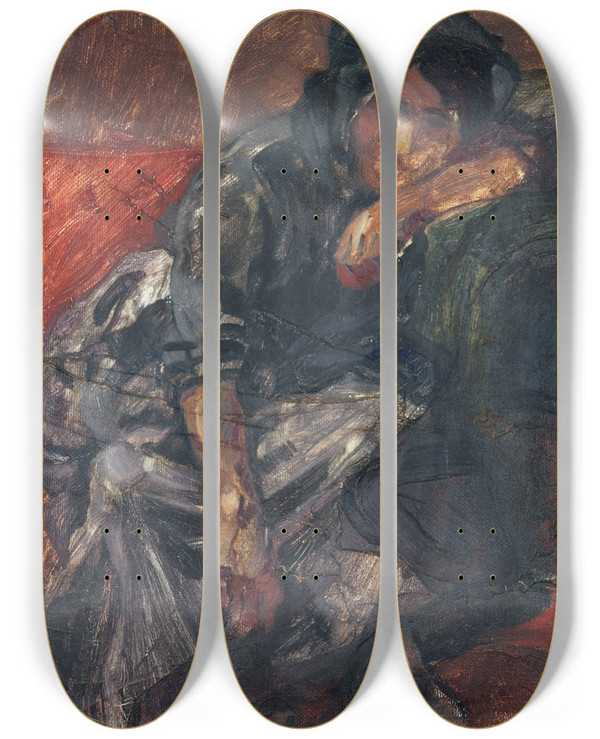 Triptych art skateboard deck of Fernando Fader Estudio De Mujer Retorno Al Hogar by Fernando Fader (1882-1935)