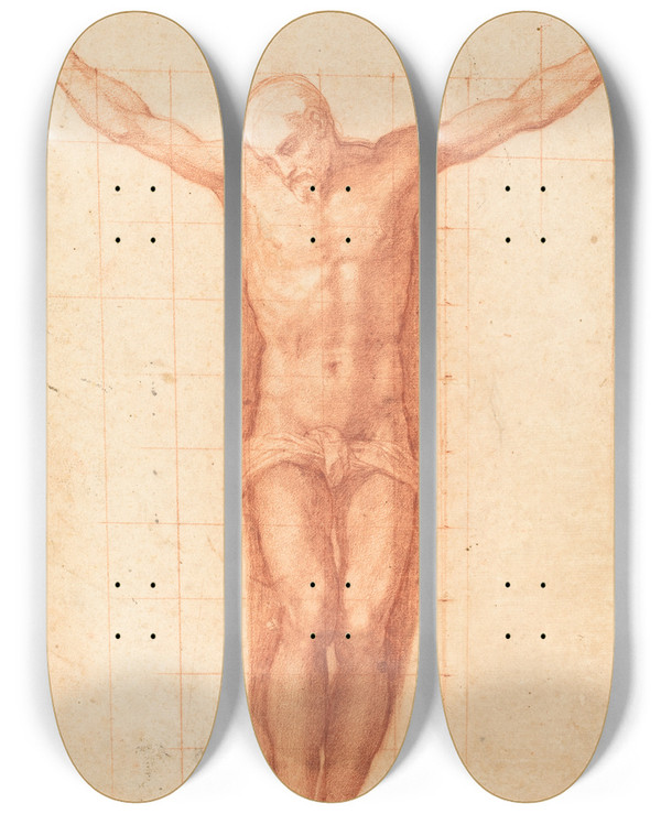 Triptych art skateboard deck of Girolamo Muziano Christ On The Cross_2 by Girolamo Muziano (1532-1592)
