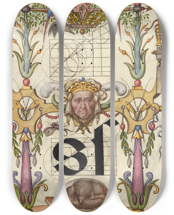 Triptych art skateboard deck of Joris Hoefnagel Guide For Constructing The Letter S_1 by Joris Hoefnagel (1542-1600)