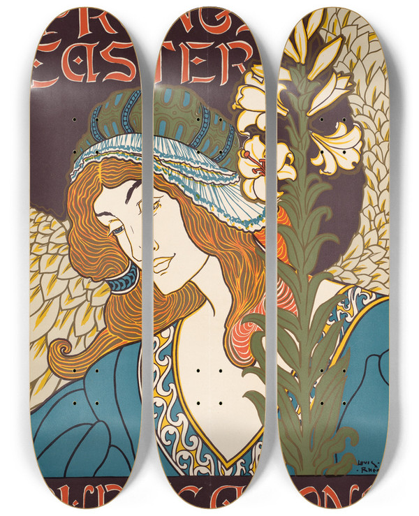 Triptych art skateboard deck of Louis Rhead Prangs Easter Publications by Louis Rhead (1857-1926)