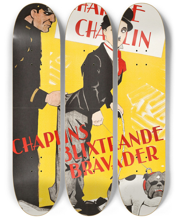 Triptych art skateboard deck of Eric Rohman Charlie Chaplin Compilation by Eric Rohman (1891-1949)