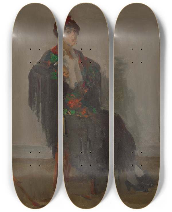 Triptych art skateboard deck of Isaac Israls Seated Lady In A Spanish Dress by Isaac Israels (1865-1934)