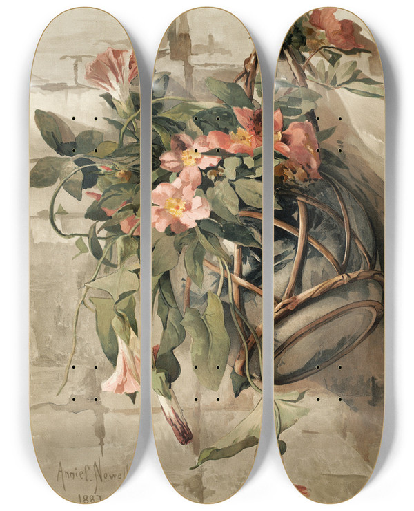 Triptych art skateboard deck of Annie Nowell Pink Flowers In Hanging Vase by Annie Nowell (1842-1935)