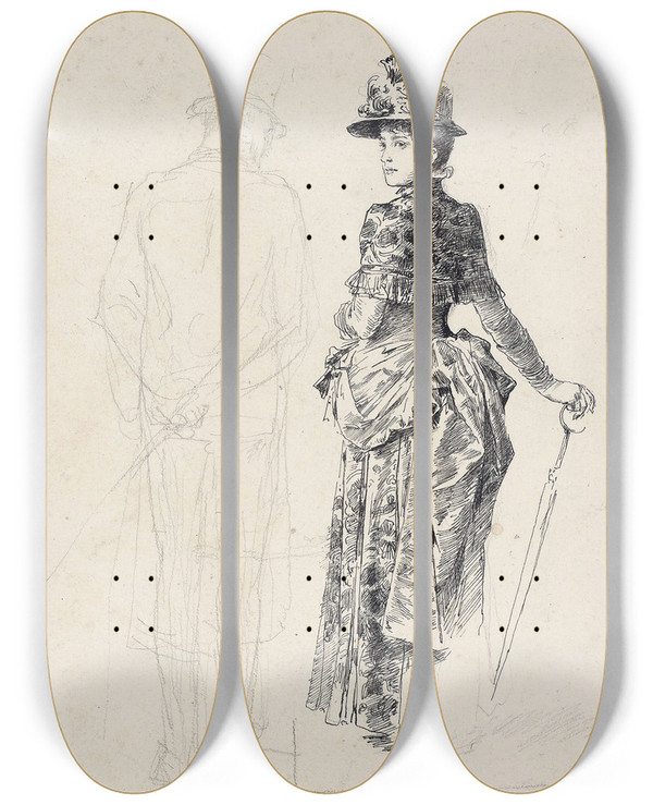 Triptych art skateboard deck of Friedrich August Von Kaulbach Paris 1885 by Friedrich August Von Kaulbach (1850-1920)