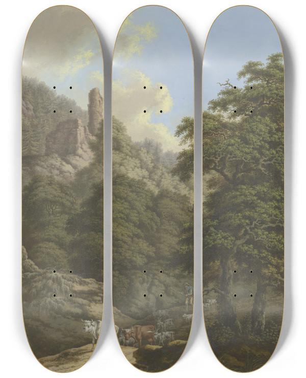 Triptych art skateboard deck of Karl Franz Kraul Waldige Berglandschaft Mit Einer Burgruine Ein Hirte Treibt Seine Herde Von Der Weide by Karl Franz Kraul (1754-1796)