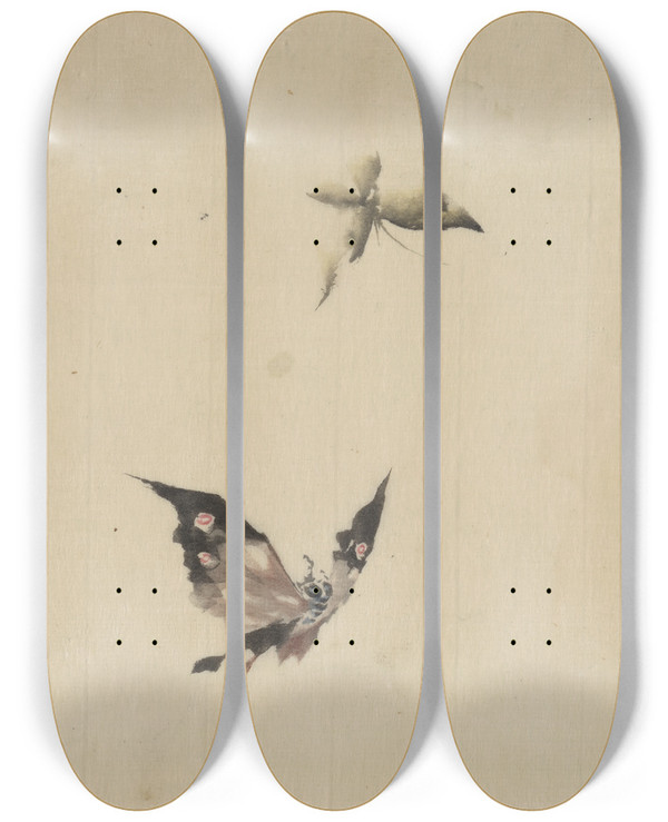 Triptych art skateboard deck of Katsushika Hokusai Butterfly And Moth by Katsushika Hokusai (1760-1849)