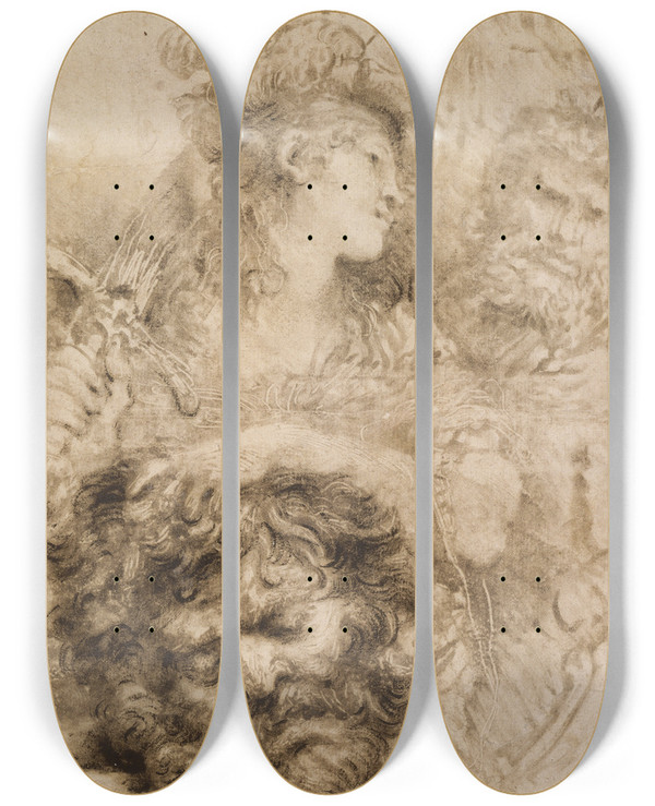 Triptych art skateboard deck of Giovanni Benedetto Castiglione David With The Head Of Goliath by Giovanni Benedetto Castiglione (1609-1664)