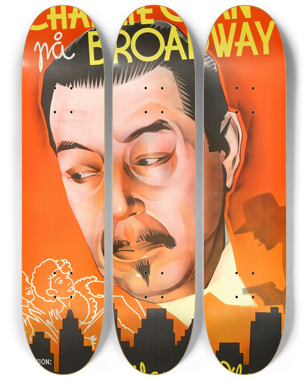 Triptych art skateboard deck of Eric Rohman Charlie Chan On Broadway by Eric Rohman (1891-1949)