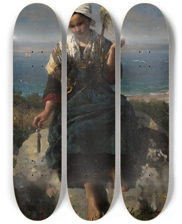 Triptych art skateboard deck of Jules Breton The Flax Spinner by Jules Breton (1827-1906)