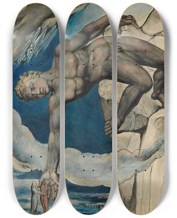Triptych art skateboard deck of William Blake Antaeus Setting Down Dante And Virgil In The Last Circle Of Hell by William Blake (1757-1827)