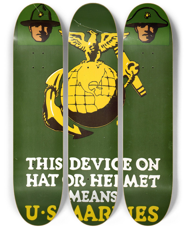 Triptych art skateboard deck of Charles Buckles Falls This Device On Hat Or Helmet Means Us Marines by Charles Buckles Falls (1874-1974)