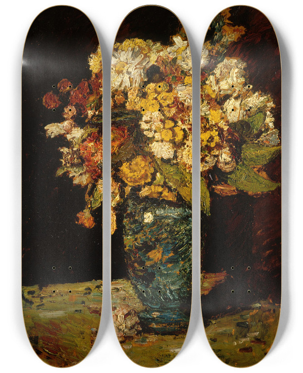 Triptych art skateboard deck of Adolphe Monticelli Flowers In A Blue Vase_2 by Adolphe Monticelli (1824-1886)