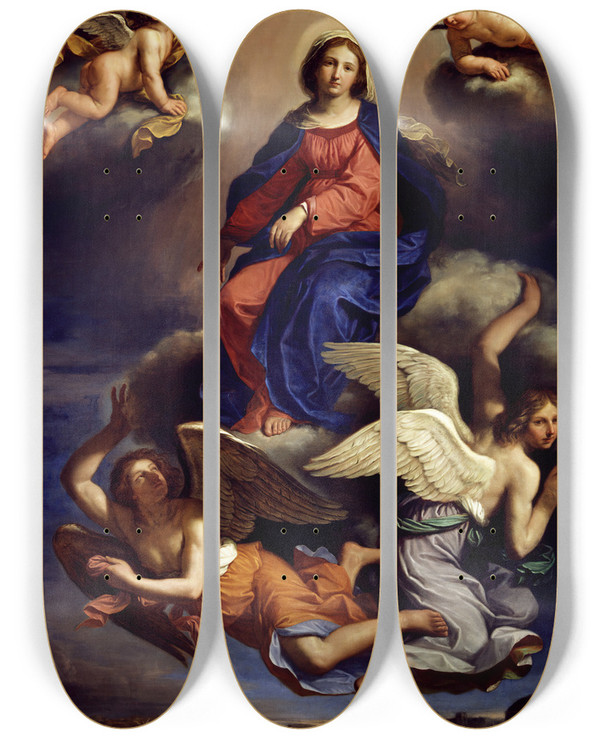 Triptych art skateboard deck of Guercino Assumption Of The Virgin by Guercino (1591-1666)